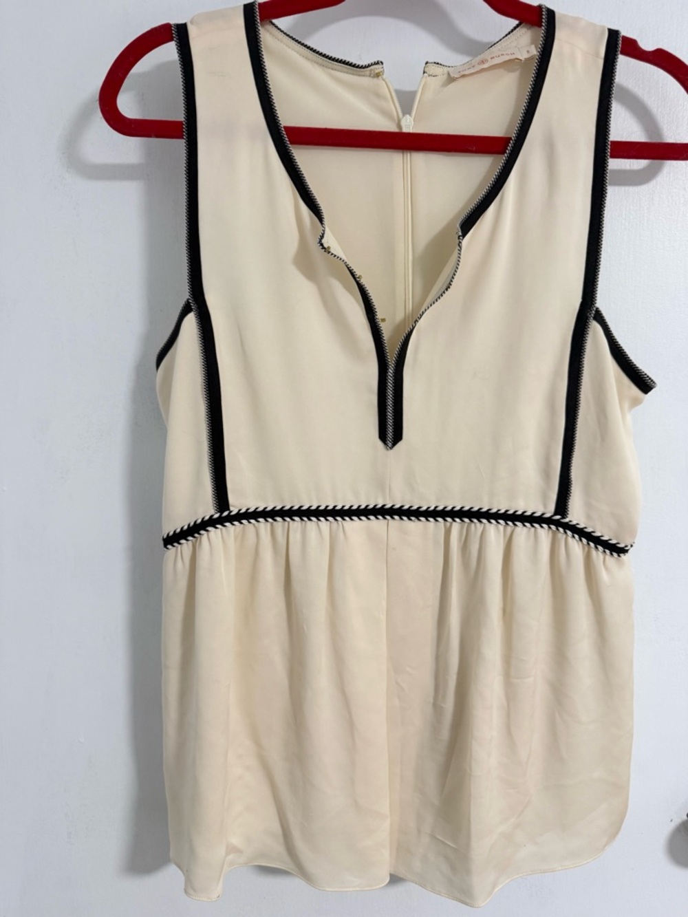 Tory Burch Cream Sleeveless V-Neck Top with Black Trim